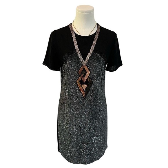 French Connection Dresses & Skirts - French Connection Sequin Beaded Mini Dress Black Metallic Y2K Party 4